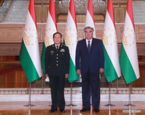 Tajik President Emomali Rahmon and Chinese Defense Minister Wei Fenghe during his trip to Tajikistan earlier this year